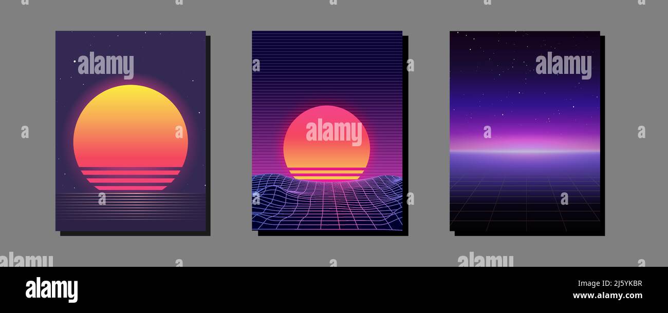 Neon light grid landscapes. Retrowave, synthwave, rave, vapor wave party background. Retro, vintage 80s, 90s style. Black, purple, pink, blue colors. Stock Vector