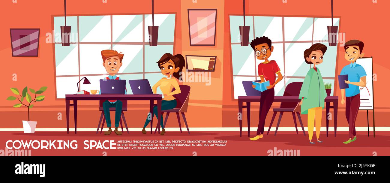 Vector cartoon office room, coworking space with workplaces, desks, big