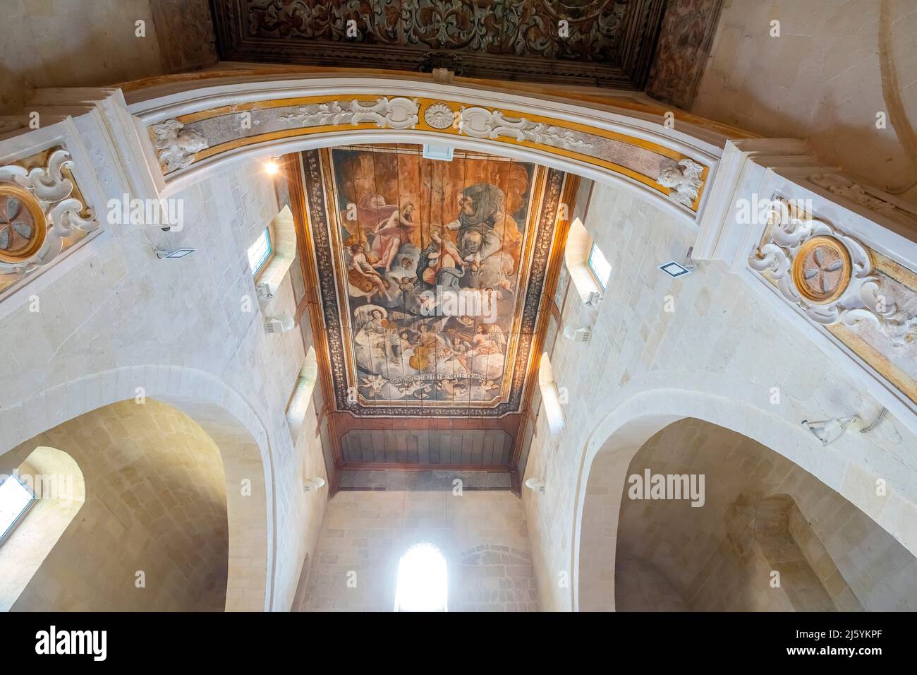 The entire ceiling is a fresco of San Pietro Caveoso church (San Pietro e Paolo)  in Materas Sasso Caveoso district. Basilicata; Italy. Stock Photo