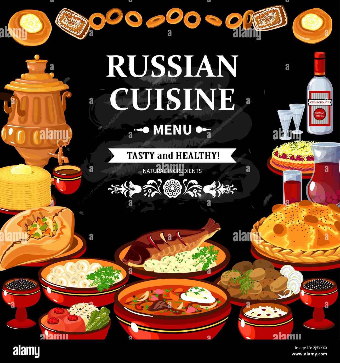 Russian cuisine restaurant menu black board poster with colorful traditional dishes vodka and samovar abstract vector illustration Stock Vector