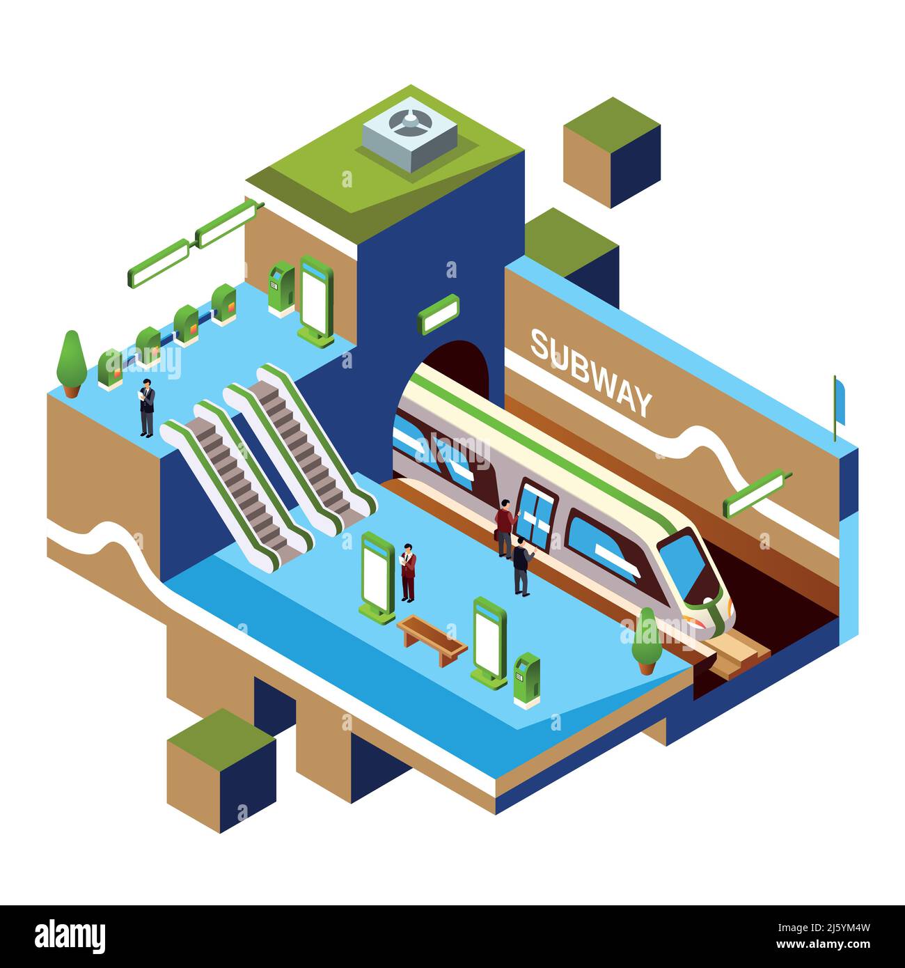 Vector isometric subway station cross-section concept. Metro or underground platform interior objects - escalators and benches, modern passenger train Stock Vector