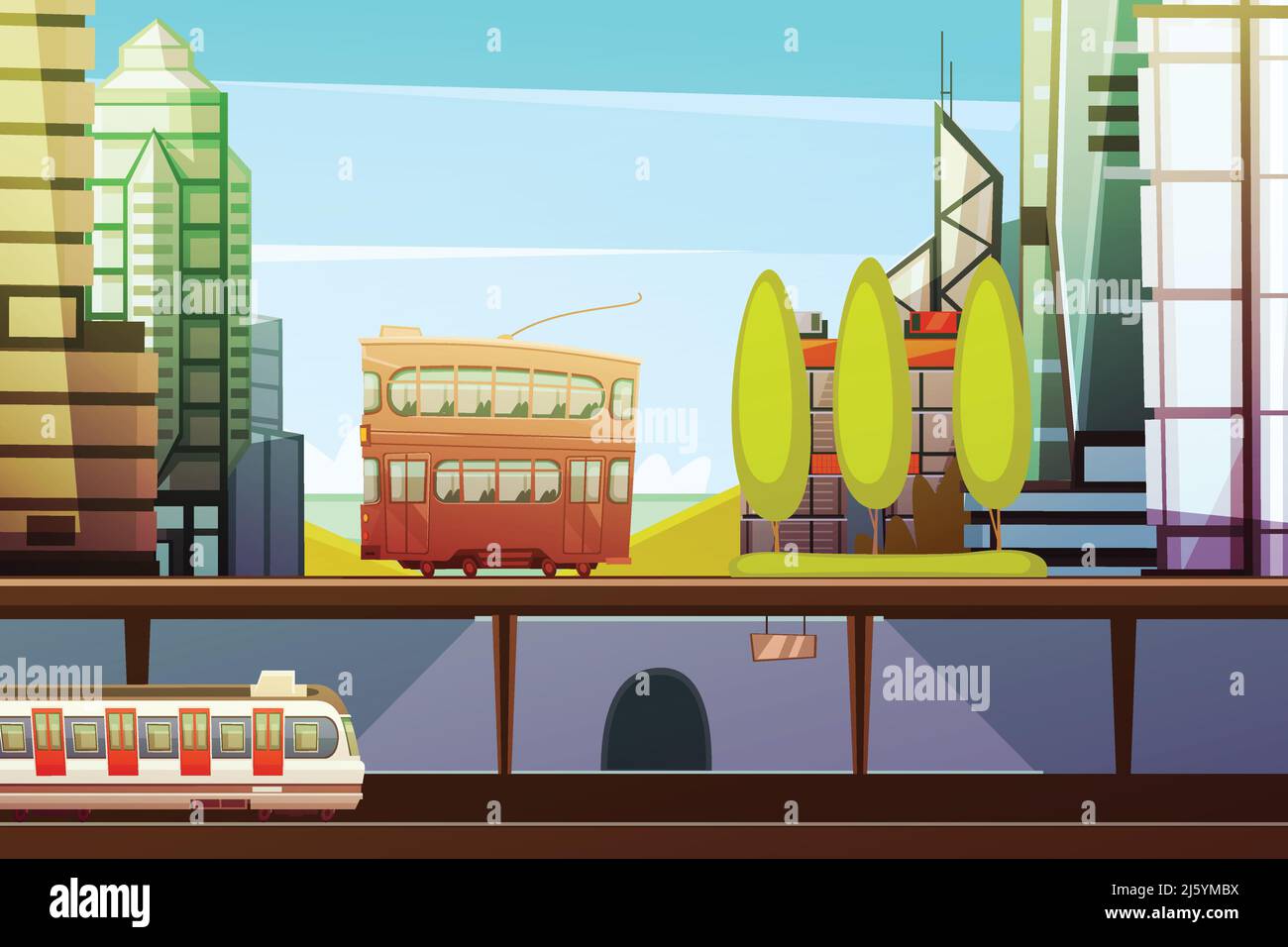 Hong kong downtown cartoon front view with city transport and town ...