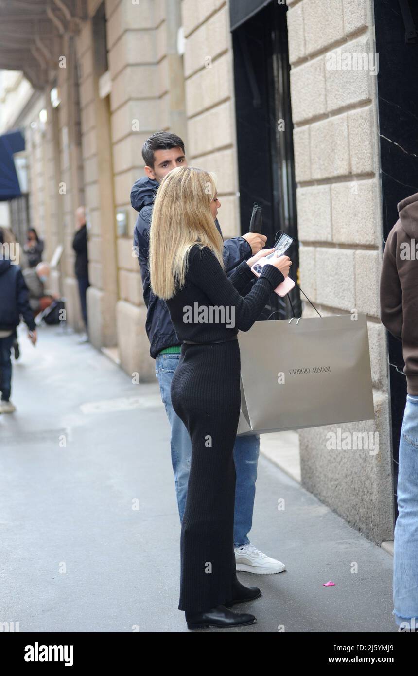 Milan, . 26th Apr, 2022. Milan, 26-04-2022 Alvaro Morata Spanish striker  for JUVENTUS and the SPAIN national team, walks through the streets of the  center with his wife ALICE CAMPELLO. After having
