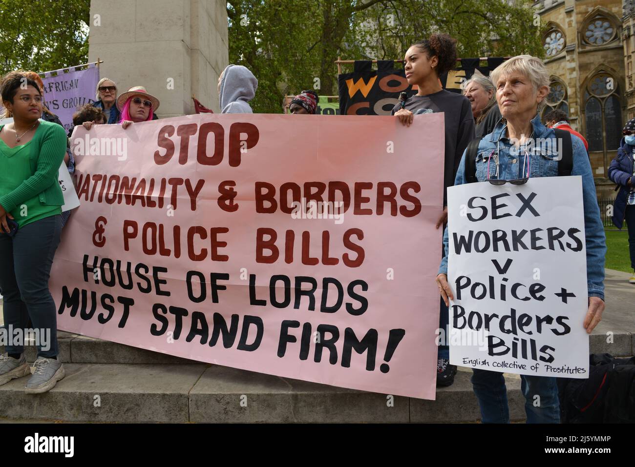 Protesters gathered outside of the House of Lords in Old Palace Yard to