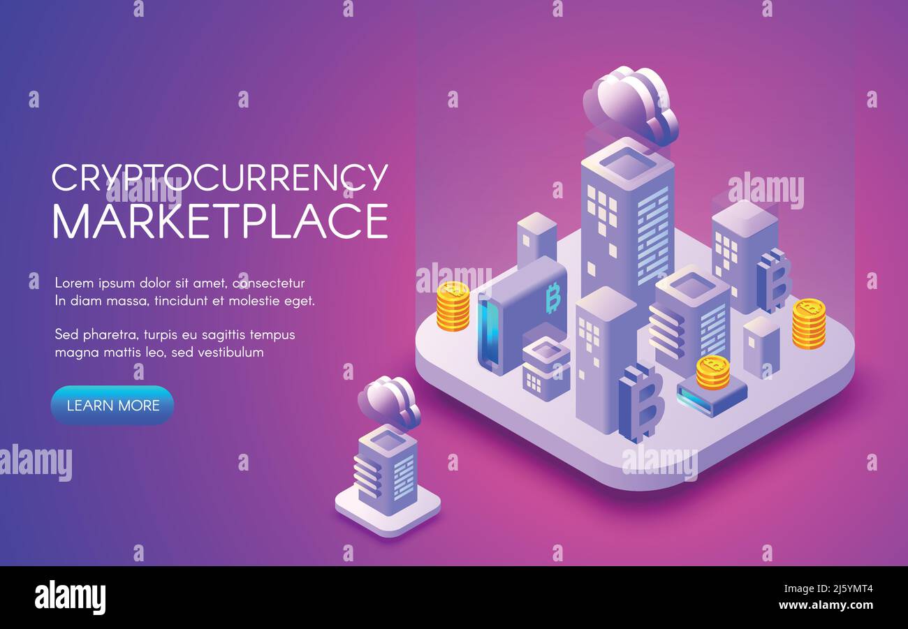Cryptocurrency marketplace vector illustration of bitcoin mining farm in  smart city vector for blockchain technology. Digital cloud network for  crypto Stock Vector Image & Art - Alamy