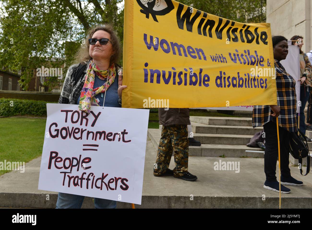 Protesters gathered outside of the House of Lords in Old Palace Yard to demonstrate against Nationality And Borders Bill and Police Bills. Stock Photo