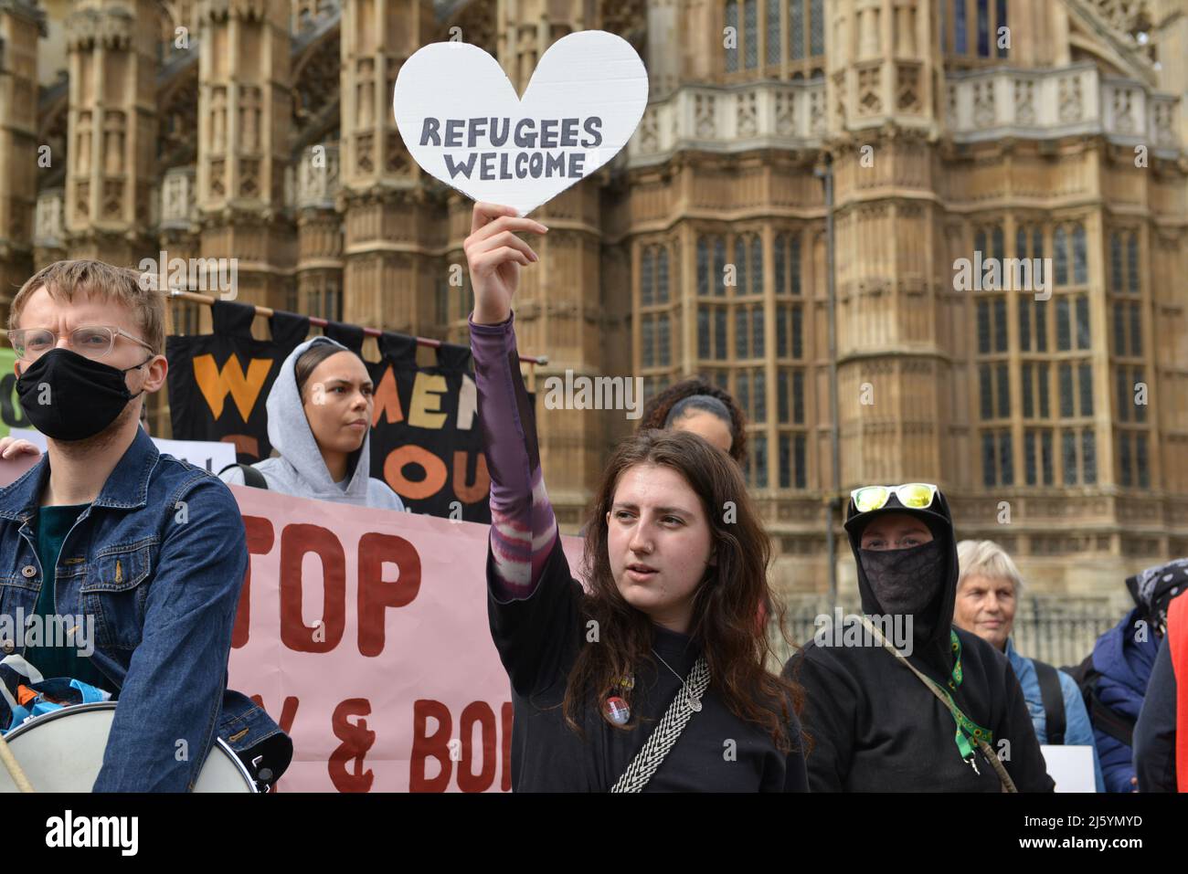 Protesters gathered outside of the House of Lords in Old Palace Yard to demonstrate against Nationality And Borders Bill and Police Bills. Stock Photo