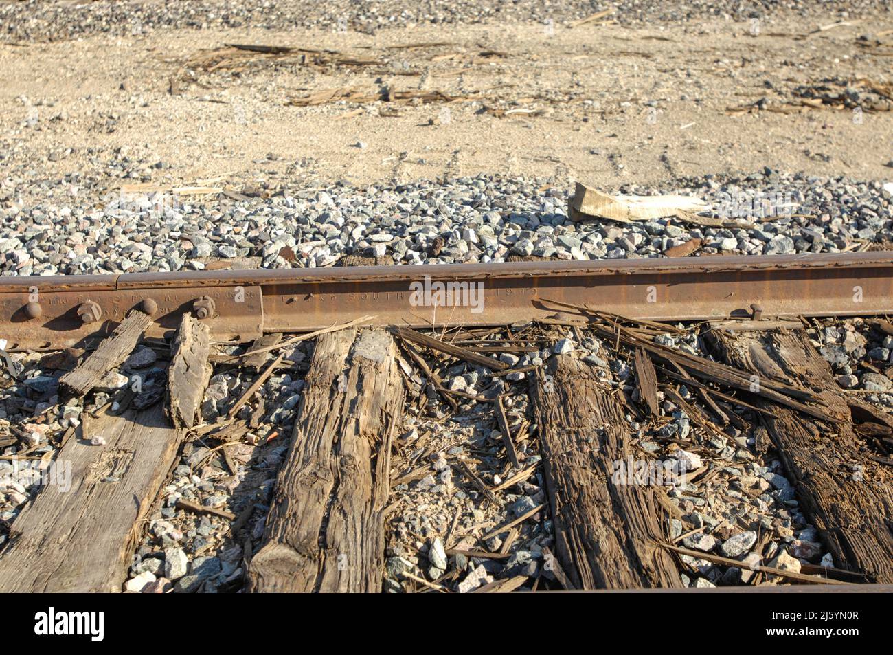 Weathered railroad ties and track rail from 1909 Stock Photo