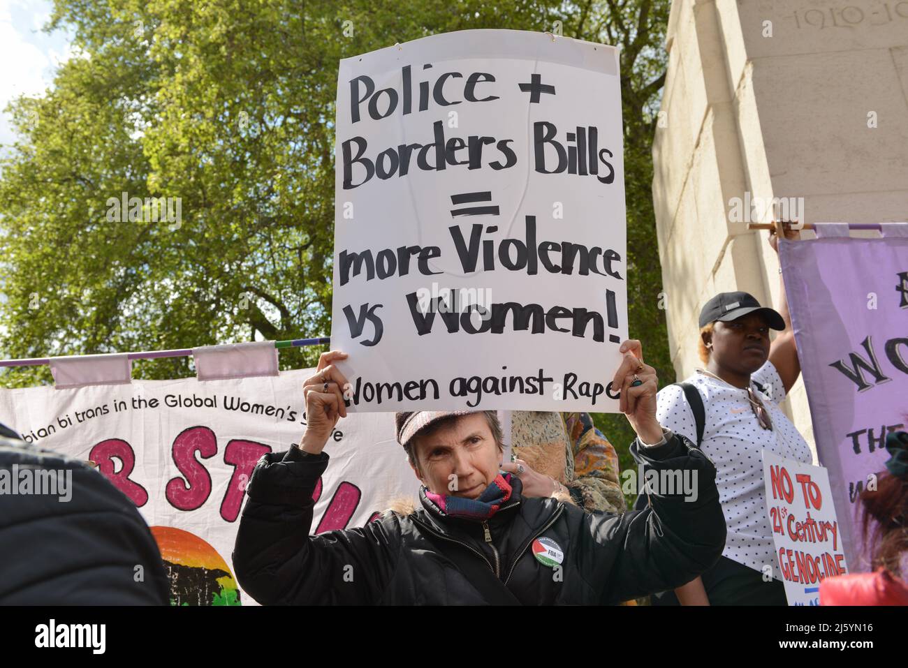 Protesters gathered outside of the House of Lords in Old Palace Yard to demonstrate against Nationality And Borders Bill and Police Bills. Stock Photo