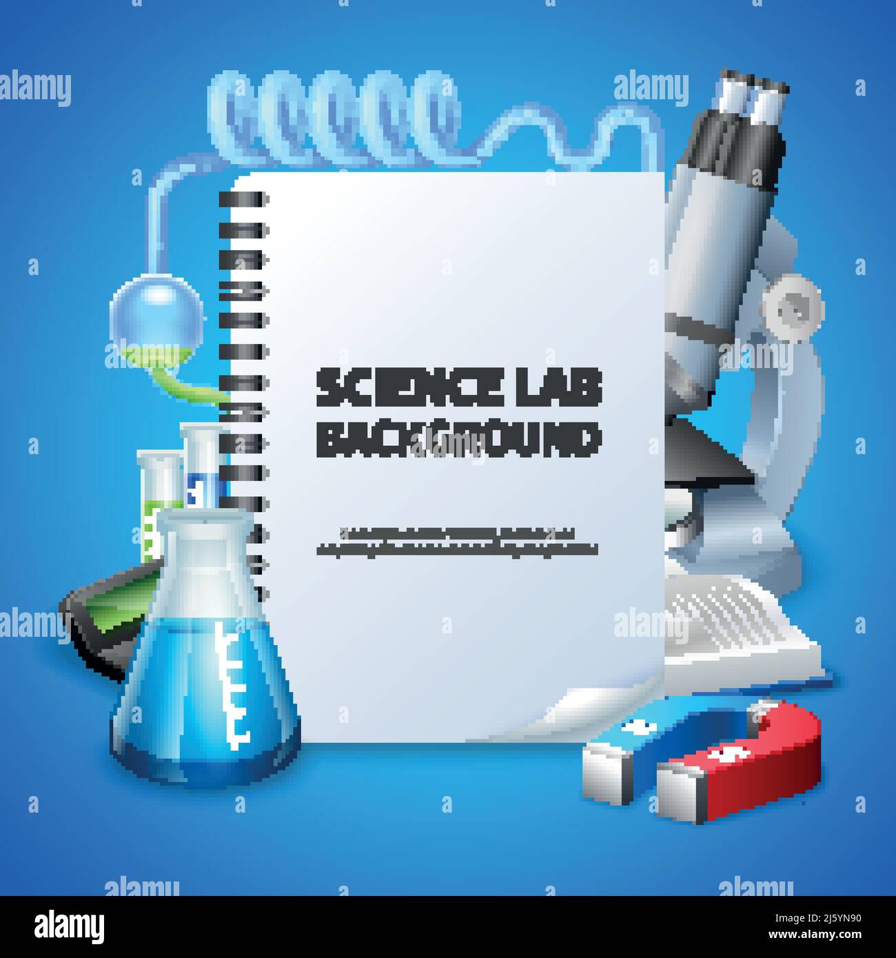 Science lab poster with notepad and laboratory equipment on blue background realistic vector illustration Stock Vector
