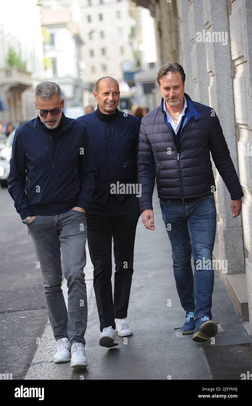 Milan, . 26th Apr, 2022. Milan, 26-04-2022 Massimiliano "MAX" Cheerful  coach of JUVENTUS, walks through the streets of the center with Mauro  Tassotti (with a beard) and another friend. Credit: Independent Photo