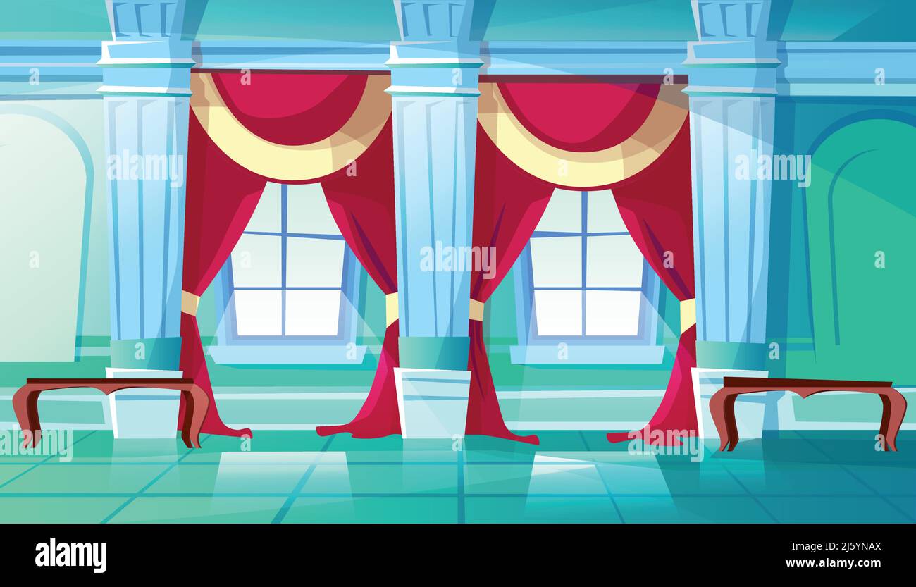 Ballroom of palace hall vector illustration of medieval castle interior of  royal dancing room. Flat cartoon background with marble pillars, red drape  Stock Vector Image & Art - Alamy