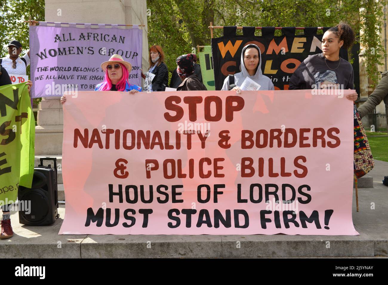 Protesters gathered outside of the House of Lords in Old Palace Yard to