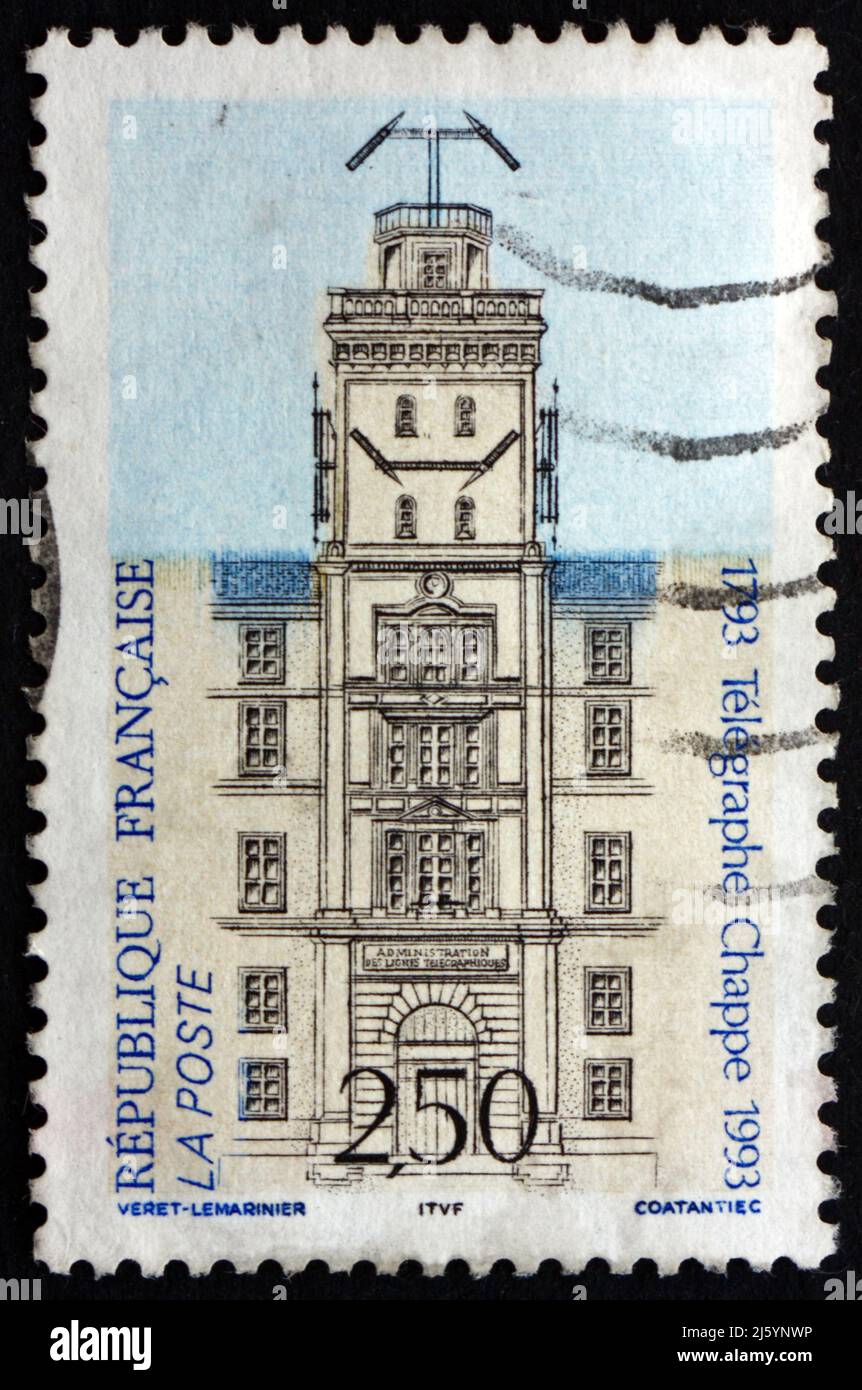 FRANCE - CIRCA 1993: a stamp printed in the France shows Claude Chappe's Semaphore Telegraph, Bicentenary, circa 1993 Stock Photo