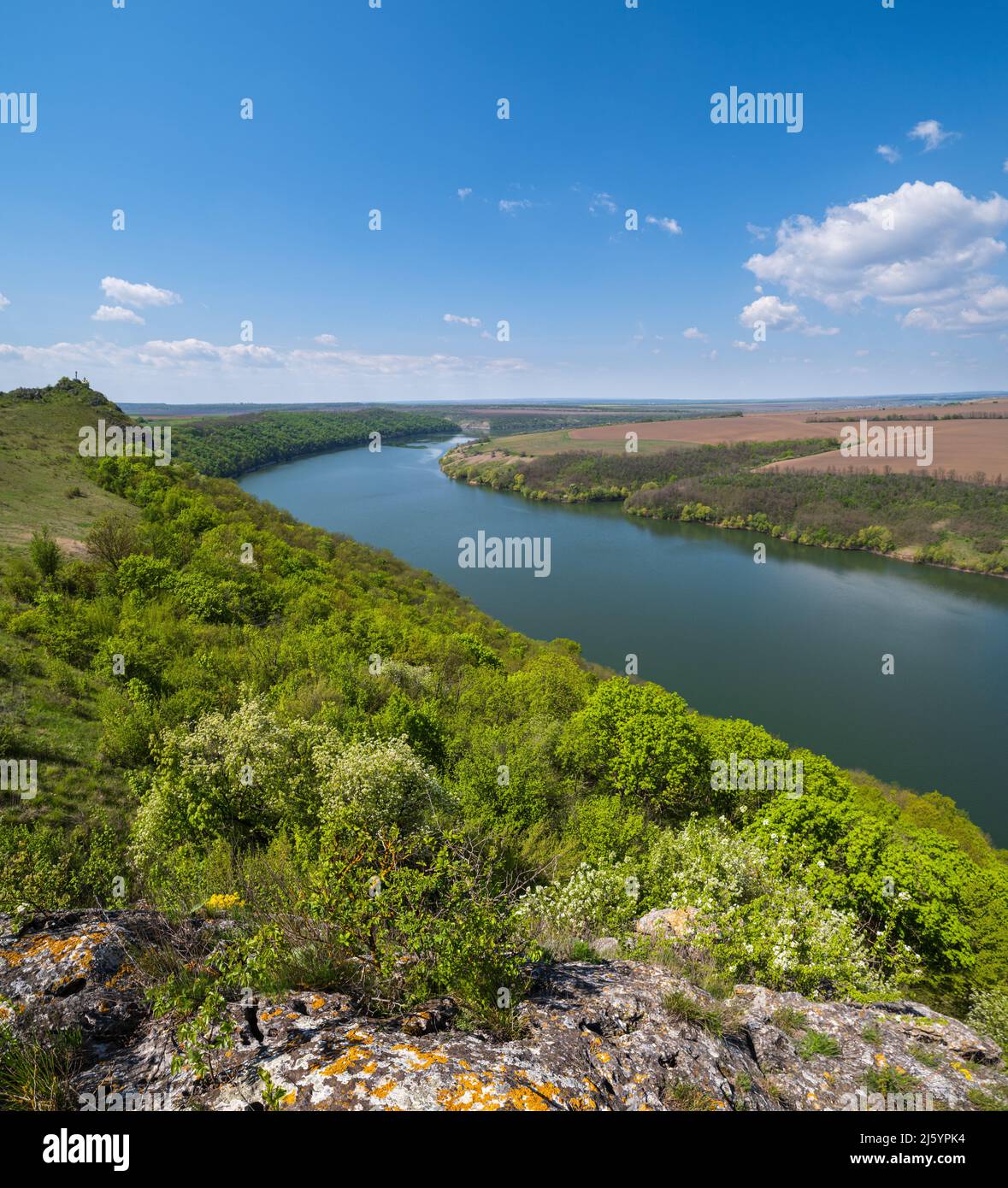 Amazing spring view on the Dnister River Canyon with picturesque rocks, fields, flowers. This place named Shyshkovi Gorby,  Nahoriany, Chernivtsi regi Stock Photo