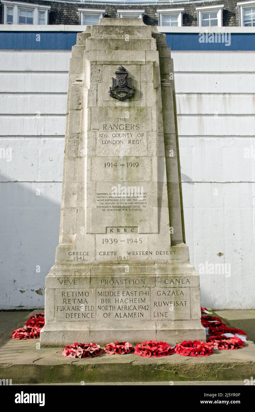 London, UK - March 21, 2022: The historic cenotaph war memorial dedicated to The Rangers killed in the First and Second World Wars.  Towards the top i Stock Photo