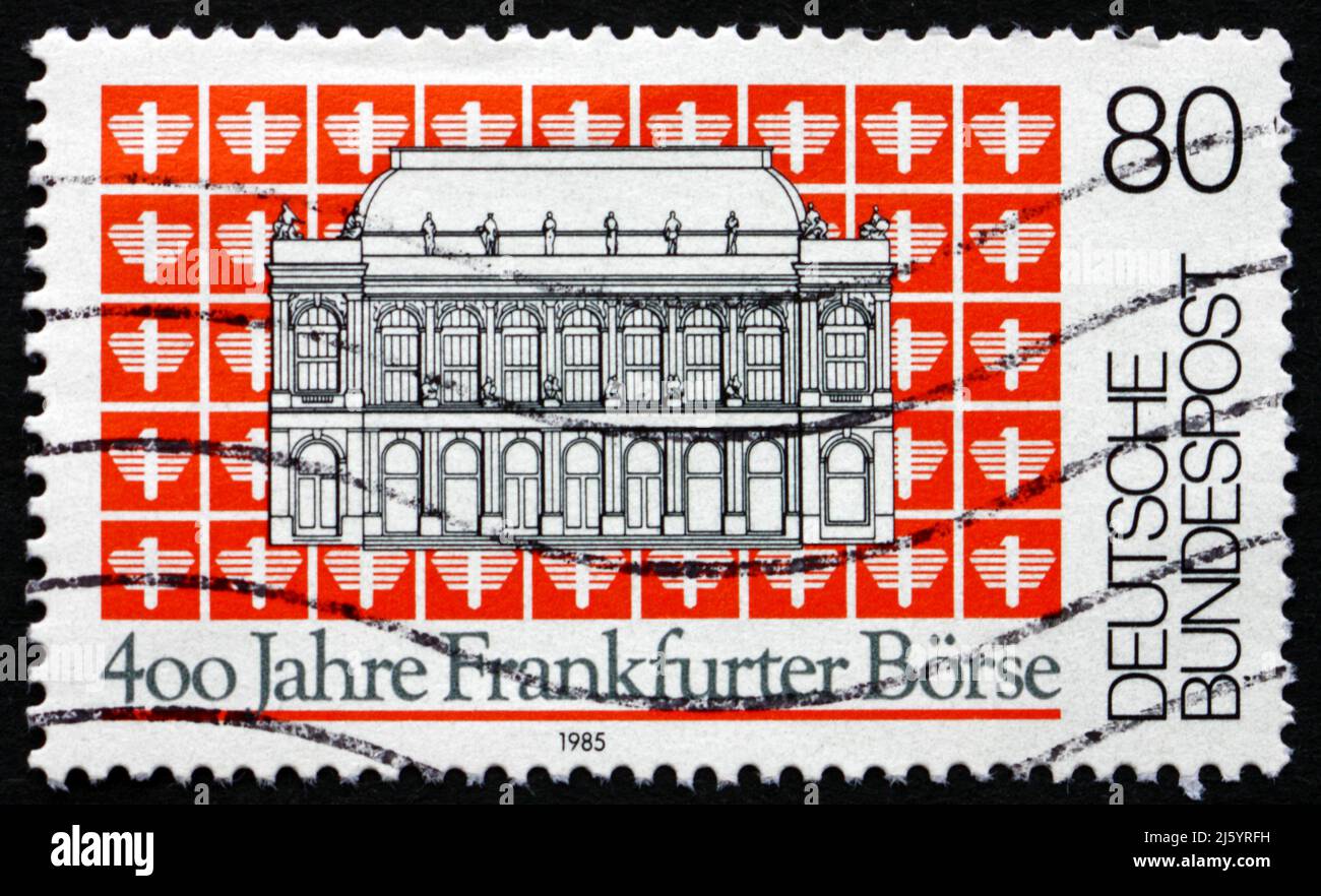 GERMANY - CIRCA 1985: a stamp printed in the Germany shows Frankfurt Stock Exchange, 400th Anniversary, circa 1985 Stock Photo
