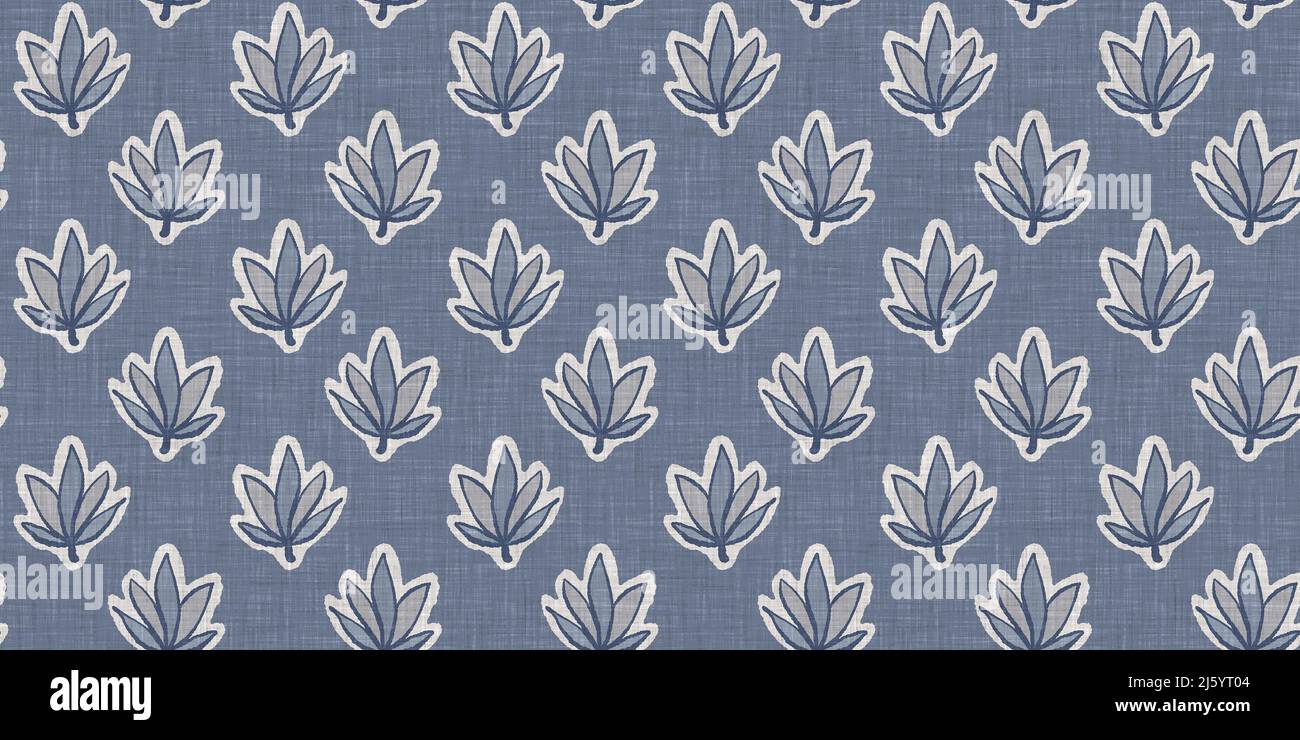French blue botanical leaf linen seamless border with 2 tone country