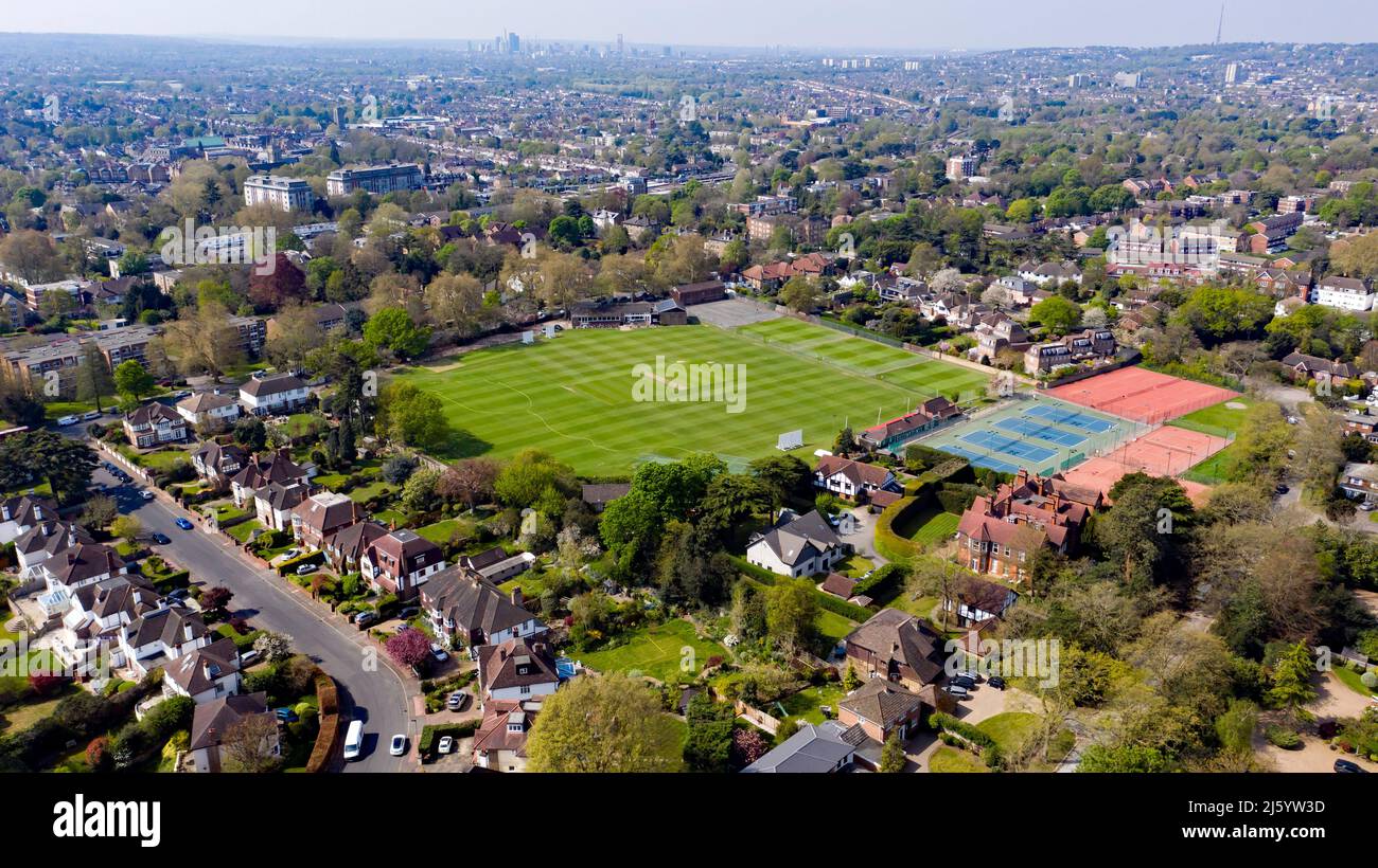 Aerial view of Beckenham Cricket Club, taken from inside Beckenham Place Park. Stock Photo