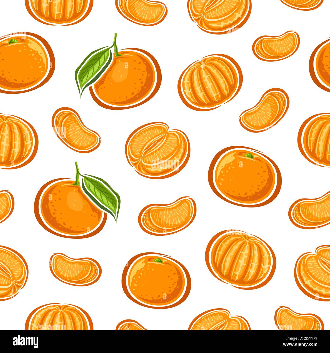 Vector Mandarin seamless pattern, repeat background with set of cut out illustrations ripe variety mandarins with green leaves, group of natural vario Stock Vector
