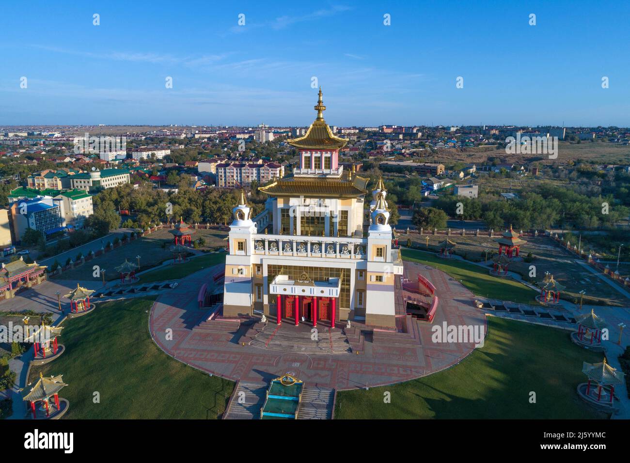 View of the Buddhist temple 'The Golden Abode of Buddha Shakyamuni' on a September morning (aerial view). Elista, Republic of Kalmykia. Russia Stock Photo