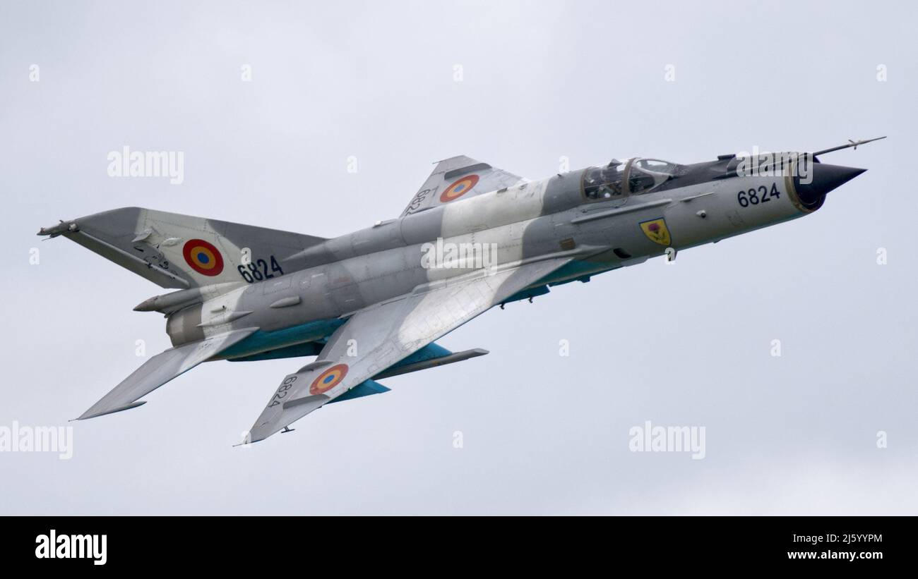 Romanian air force MIG 21 Lancer displaying at the Royal International Air Tattoo (RIAT) Fairford 2019 Stock Photo
