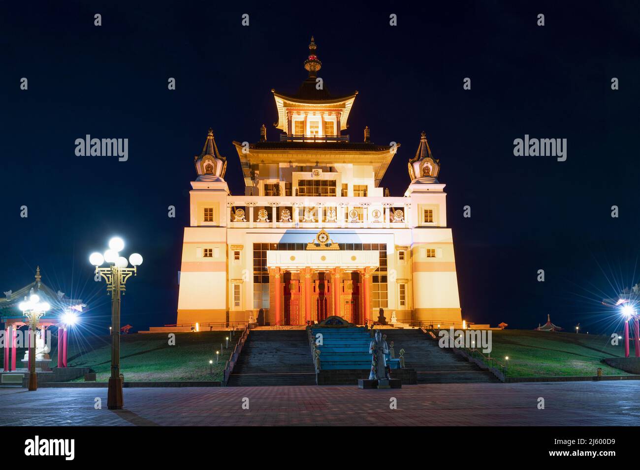 ELISTA, RUSSIA - SEPTEMBER 20, 2021: Buddhist temple 'Golden Abode of Buddha Shakyamuni' on September night Stock Photo