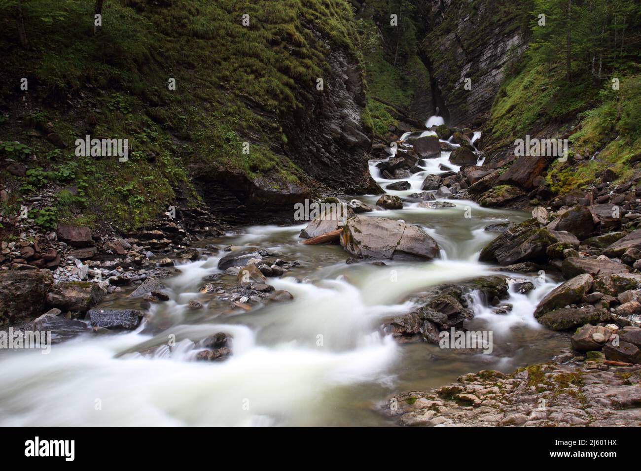 Mountain River coming out of a small gorge in Austrian Alps Stock Photo