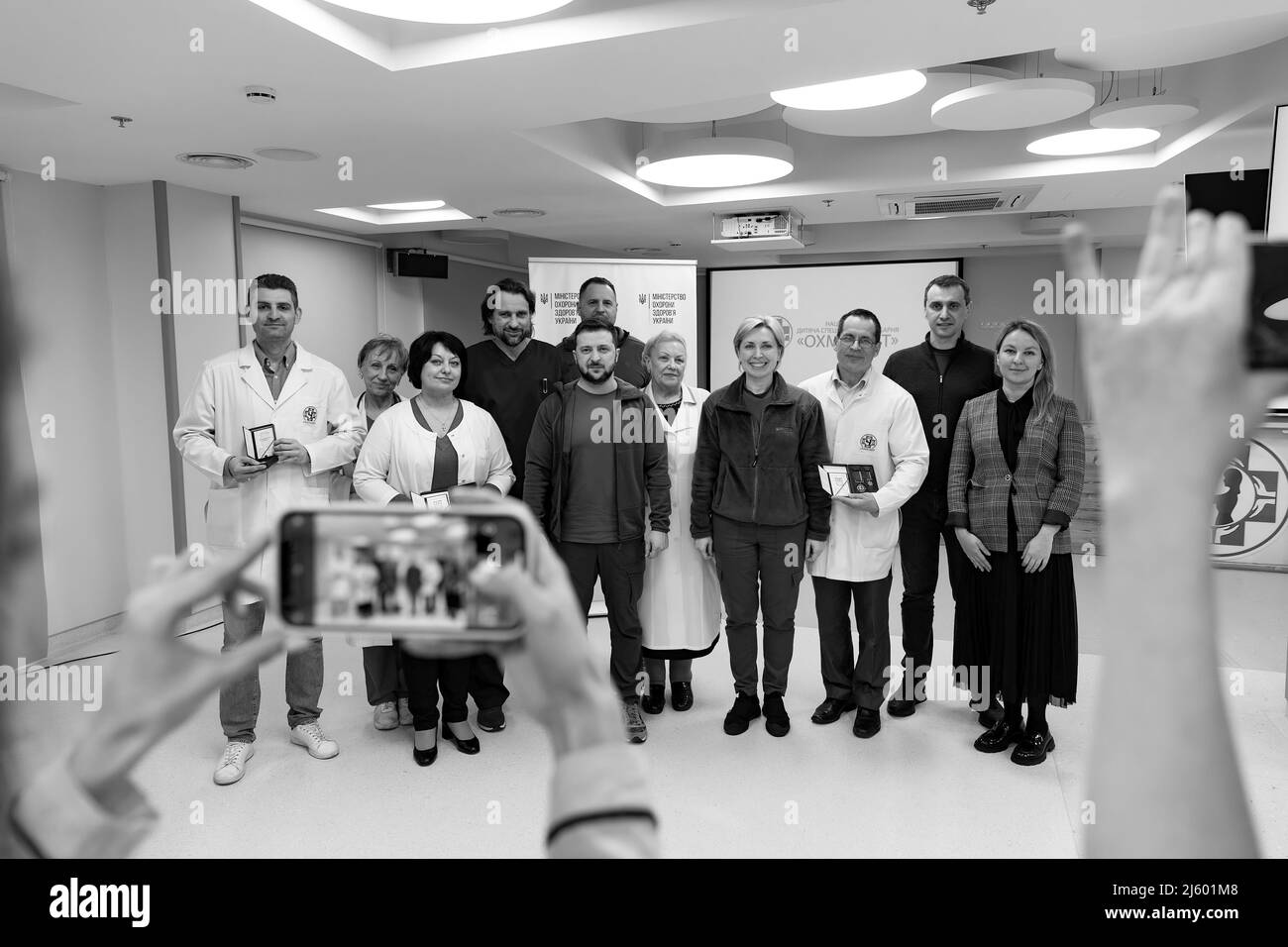 Ukraine President Volodymyr Zelensky visited the Okhmatdyt National Children's Specialized Hospital. He visited two orphans from Mariupol who were taken out of the city by the Russian occupiers, but the Ukrainian authorities managed to return them, now they are taken care of by their relatives.  As a result of active hostilities in Mariupol, Ilya Matvienko and Kira Obedinska lost their parents. The children suffered injuries of varying severity. The occupiers took them to the territory not controlled by Ukraine. Zelensky also met with Okhmatdyt doctors and presented state awards to them. Stock Photo