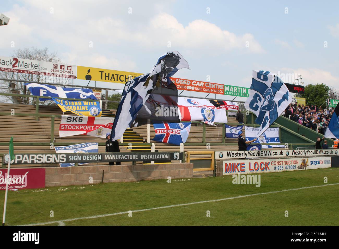Stockport County fans Flags in away end Yeovil Town Football club Stock