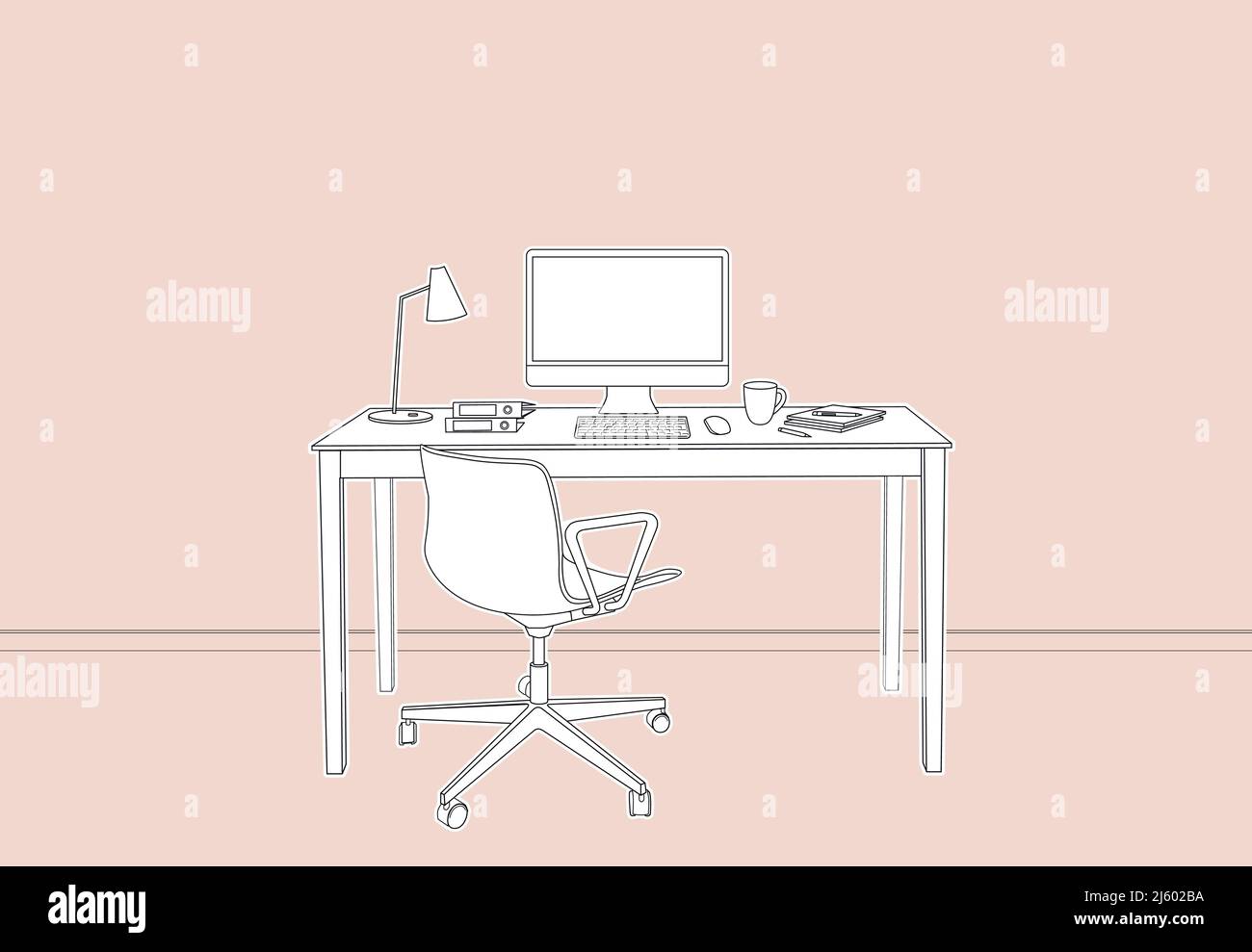 Home Office. Sketch modern office interior. Desk. Outline Vector
