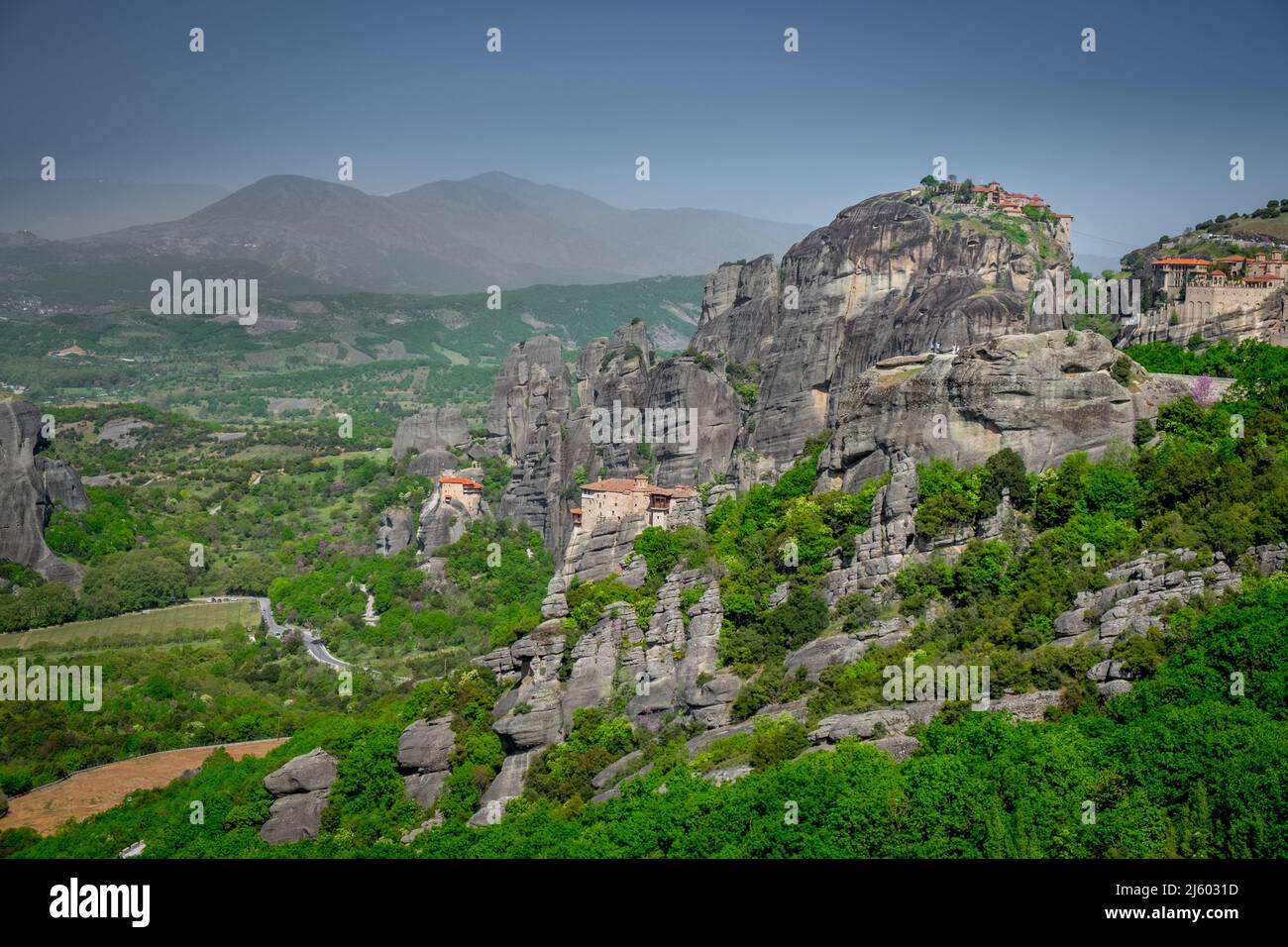 Landscape of Greek Orthodox Monasteries on the top of steep rocks Stock ...
