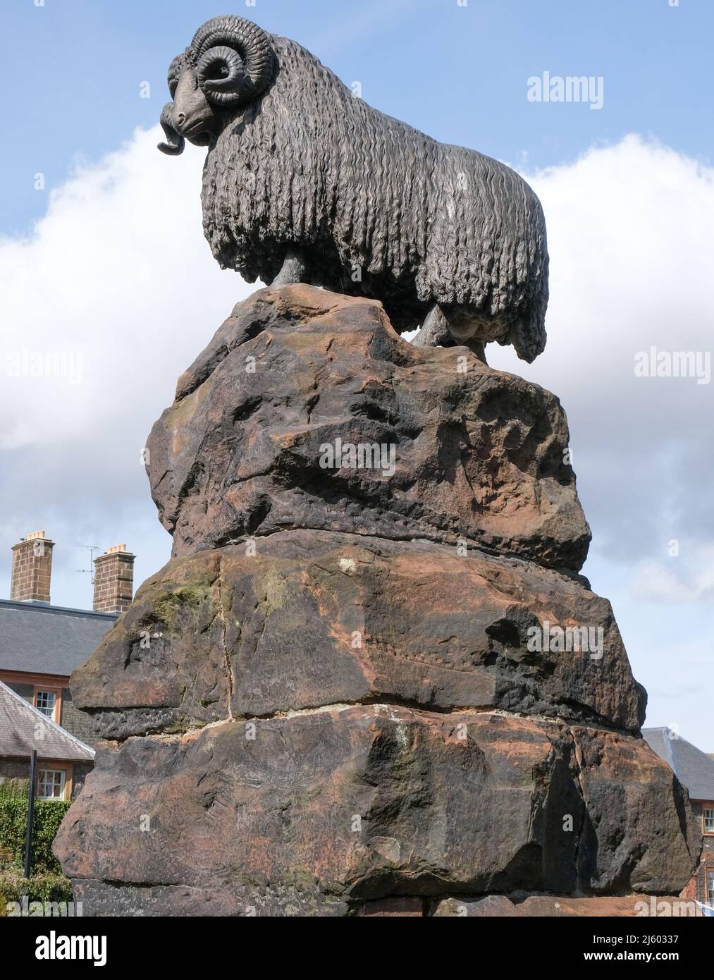 A statue of a ram in the Scottish market town of Moffat, celebrating the town's former importance in the wool trade. Stock Photo