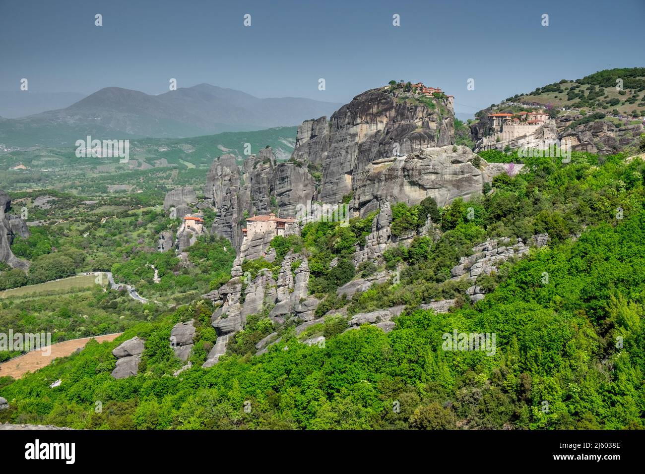 Landscape of Greek Orthodox Monasteries on the top of steep rocks Stock ...