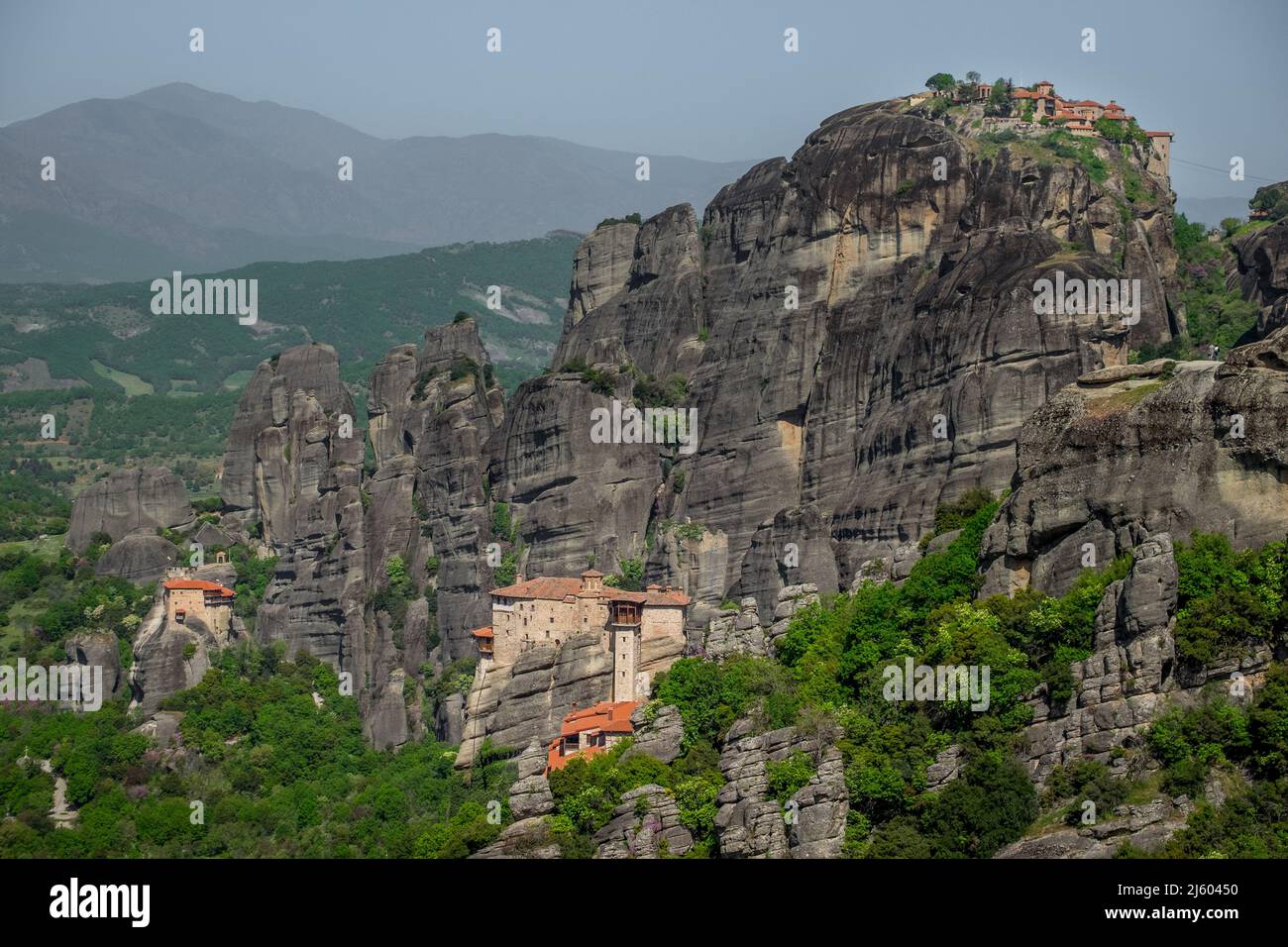 Landscape of Greek Orthodox Monasteries on the top of steep rocks Stock ...