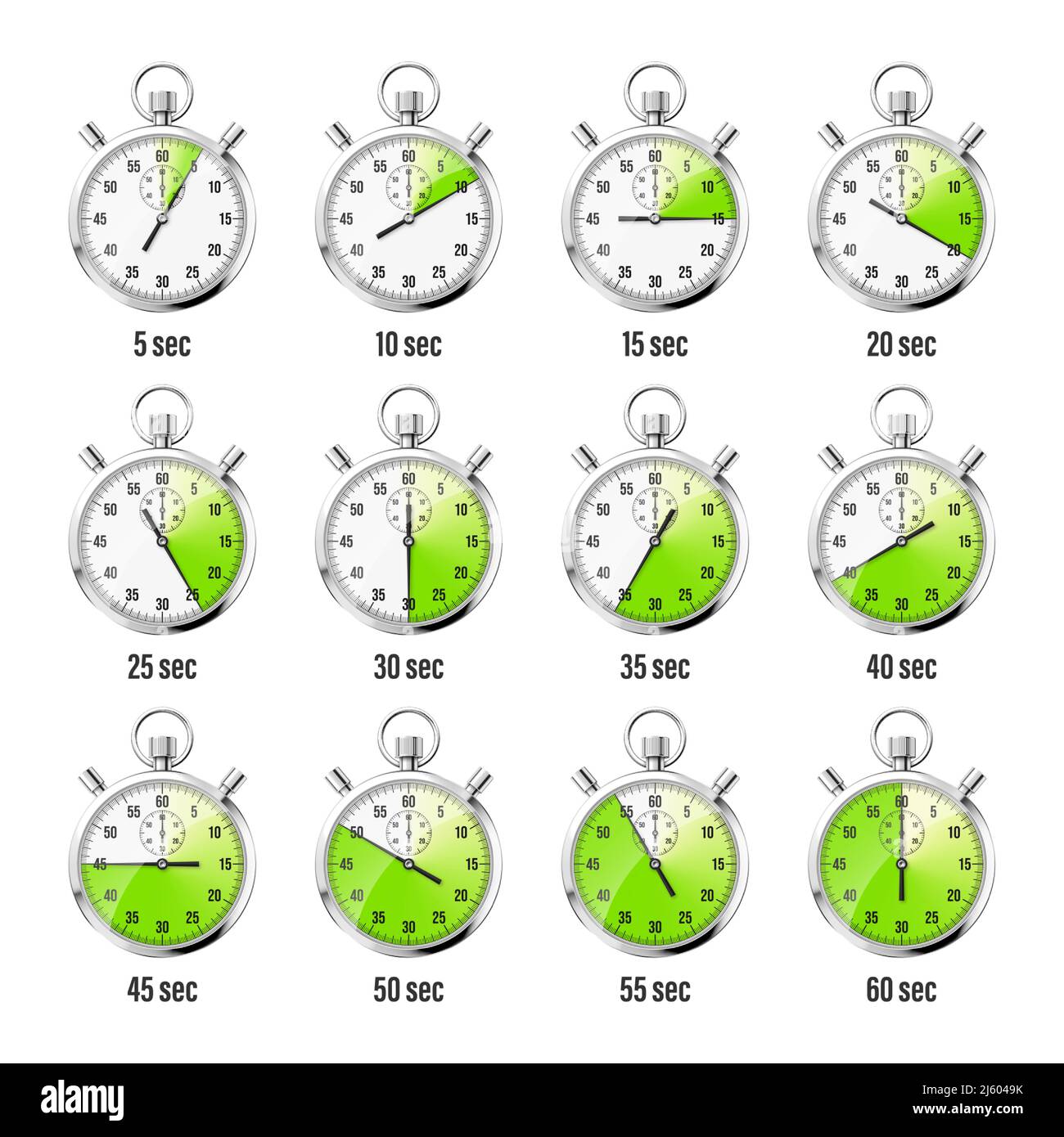 Realistic classic stopwatch icons. Shiny metal chronometer time counter
