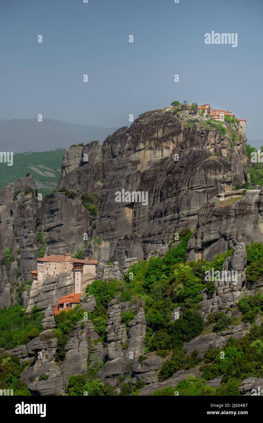 Landscape of Greek Orthodox Monasteries on the top of steep rocks Stock ...