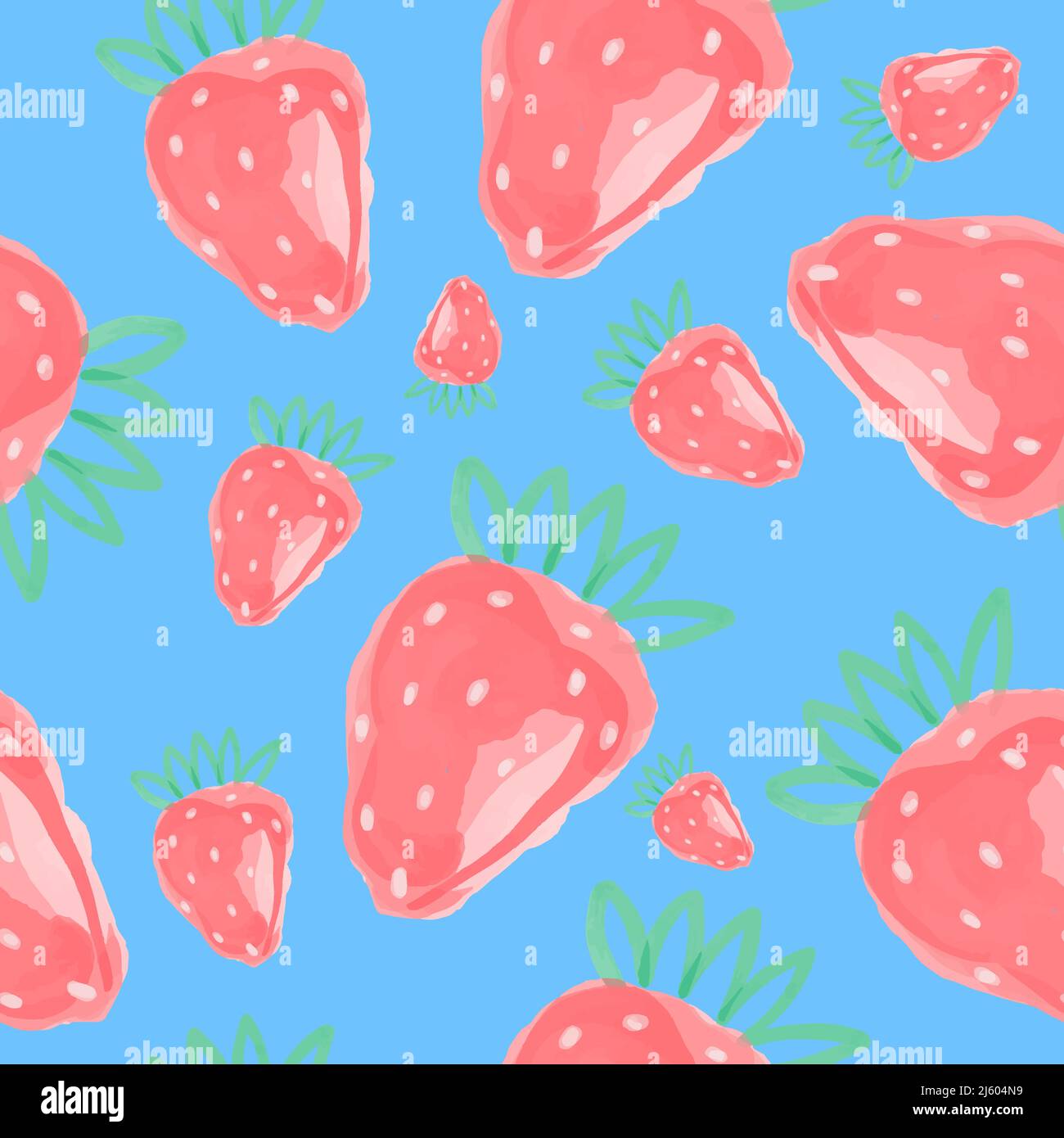 Vector Seamless pattern with pink strawberries in boho style. Background with summer berries painted in watercolor on blue. Stock Vector