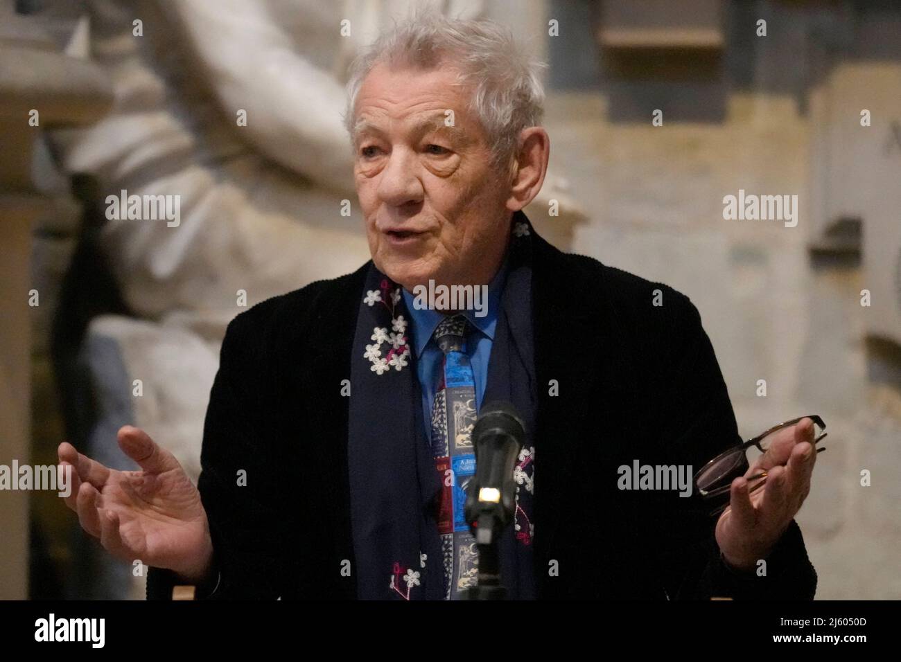 Sir Ian McKellen speaks during a service to dedicate a memorial stone to actor Sir John Gielgud in Poets' Corner at Westminster Abbey in London. Picture date: Tuesday April 26, 2022. Stock Photo