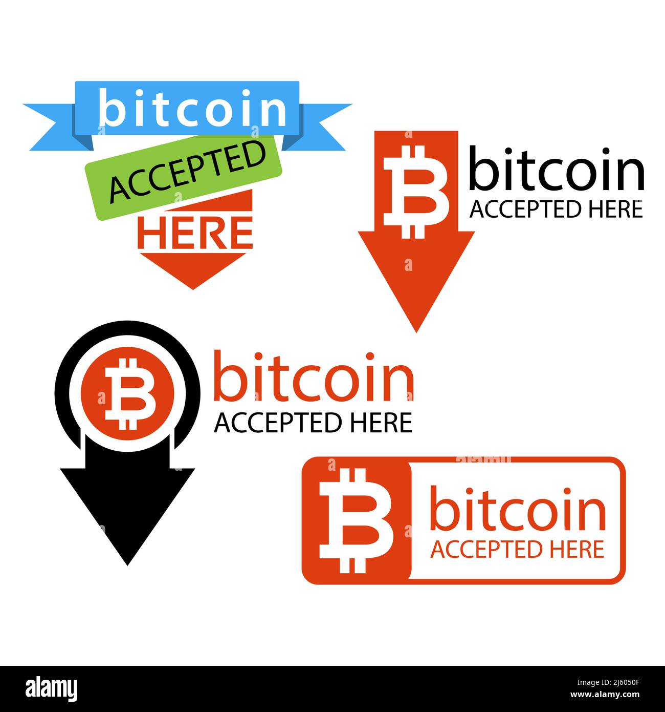 Bitcoin symbol with the word bitcoin accepted here. Flat design. Vector Illustration on white background. Stock Vector