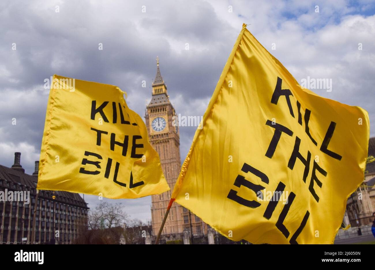 London, England, UK. 26th Apr, 2022. Protesters hold 'Kill The Bill' flags. Kill The Bill demonstrators gathered in Parliament Square in protest against the Police, Crime, Sentencing and Courts Bill, and the Nationality and Borders Bill. (Credit Image: © Vuk Valcic/ZUMA Press Wire) Stock Photo