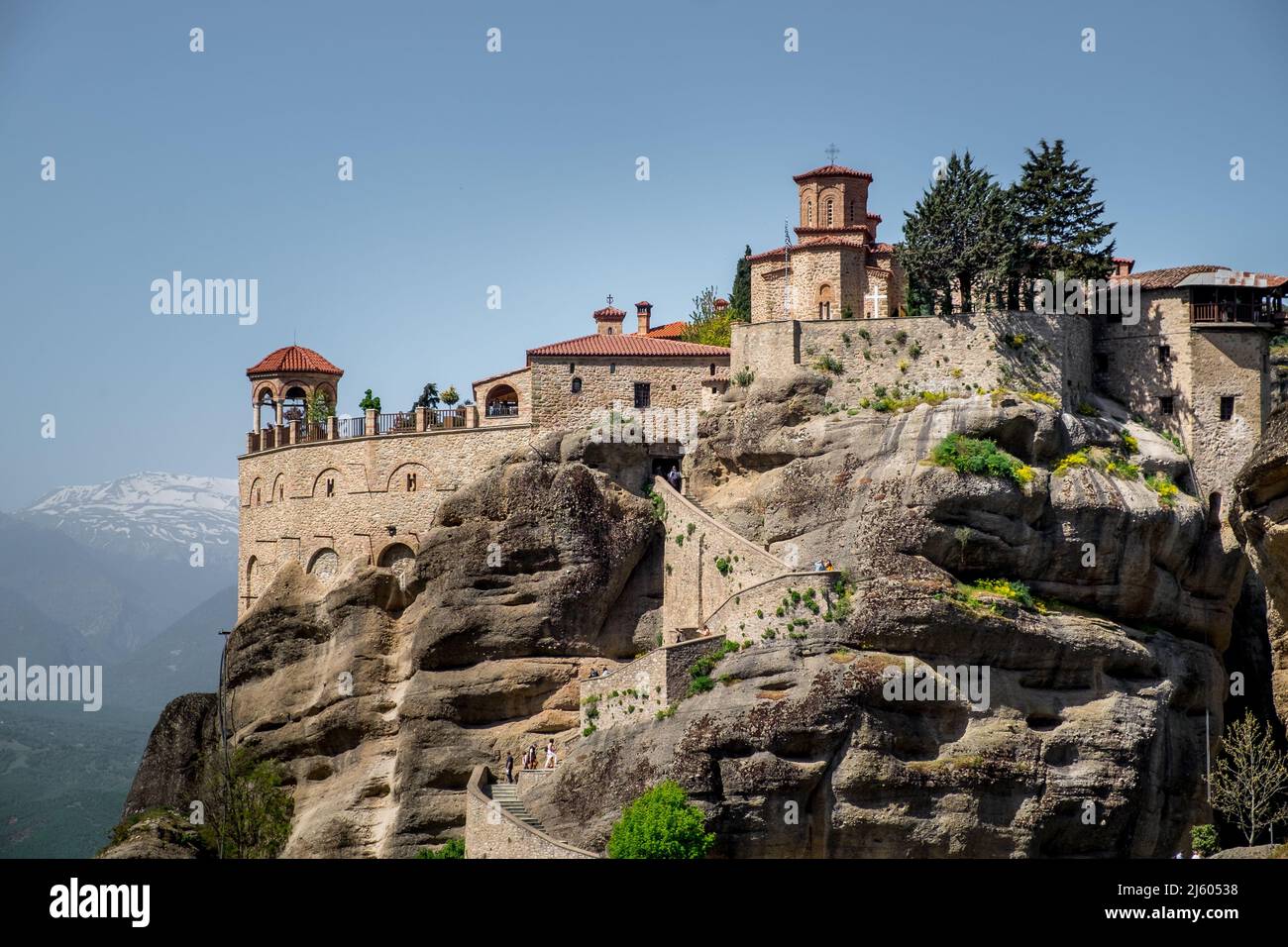 Landscape of Greek Orthodox  Monasteries on the top of steep rocks Stock Photo