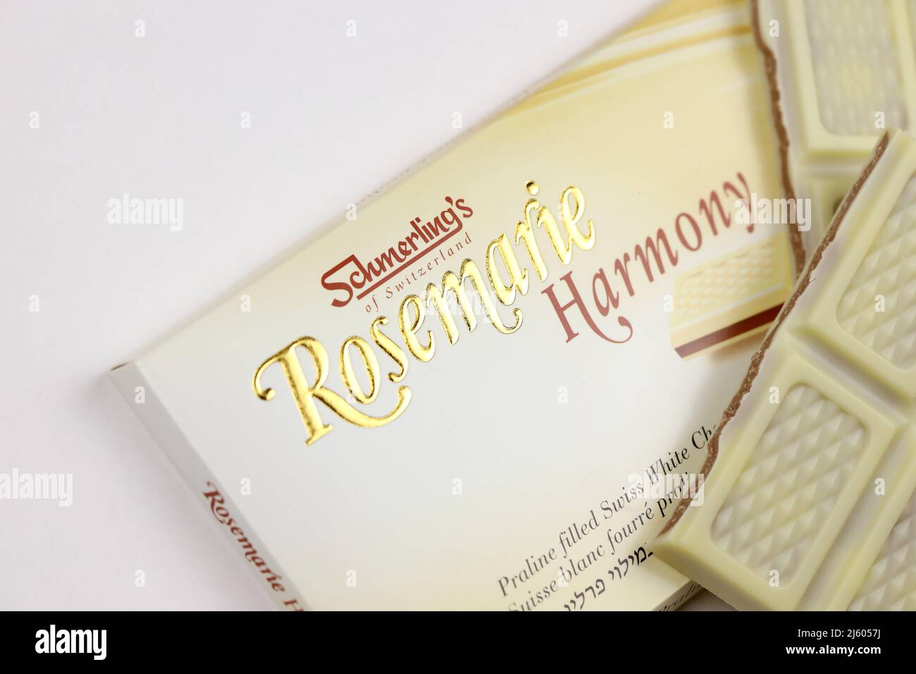 KHARKIV, UKRAINE - NOVEMBER 3, 2021: Schmerling's Rosemarie Harmony White Chocolate - Premium Swiss White Chocolate Bar Praline Filled and All Natural Stock Photo