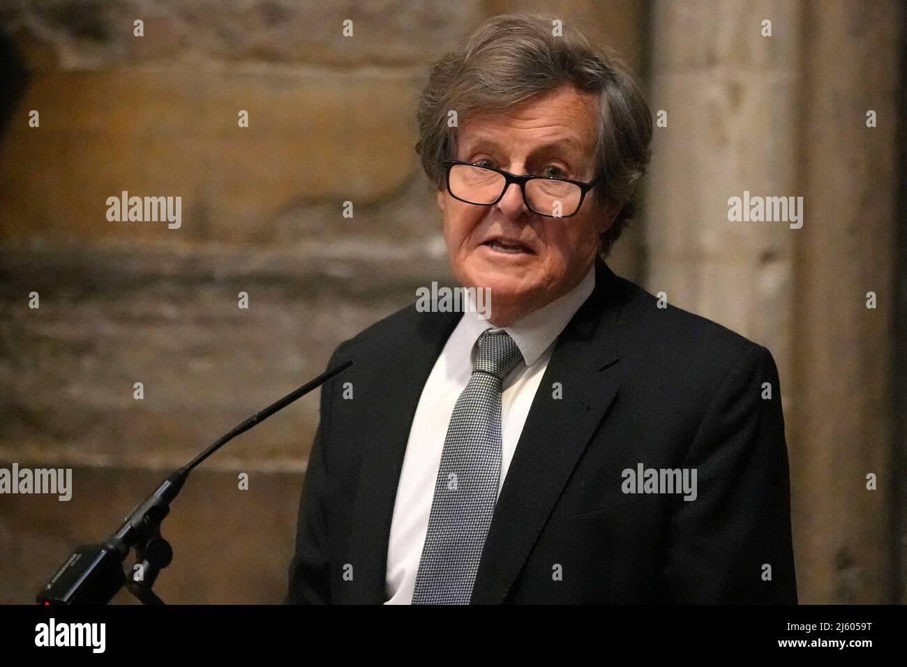 David Hare speaks during a service to dedicate a memorial stone to actor Sir John Gielgud in Poets' Corner at Westminster Abbey in London. Picture date: Tuesday April 26, 2022. Stock Photo