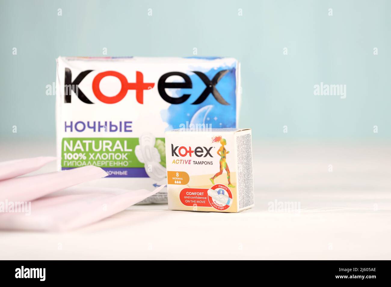 KHARKIV, UKRAINE DECEMBER 16, 2021 Kotex production with logo. Kotex