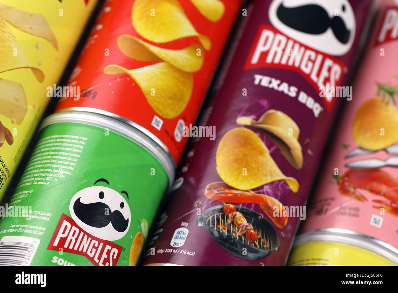 KHARKIV, UKRAINE - DECEMBER 16, 2021: Pringles production with new logo. Pringles is a brand of potato snack chips owned by the Kellogg Company Stock Photo