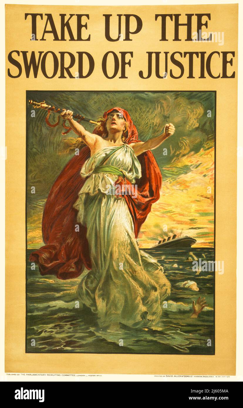 A British propaganda poster from 1915 showing a classical figure, with arms raised and surrounded by drowning people after the oceanliner Lusitania  was torpedoed by a German U-boat on May 7, 1915. 1,198 people were drowned including 128 U.S. citizens and contributed indirectly to the entry of the United States into World War I in 1917. The artist is Bernard Partridge (1861-1945) Stock Photo