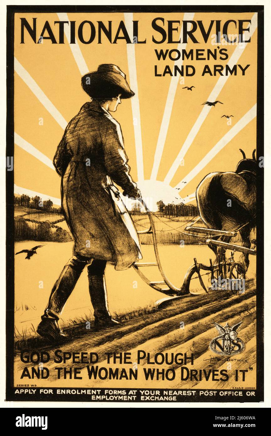 A British advertising recruitment poster from 1915 for the National Service Women's Land Army showing a woman using a horse drawn plough. The artist is Henry George Gawthorn (1879-1941) Stock Photo