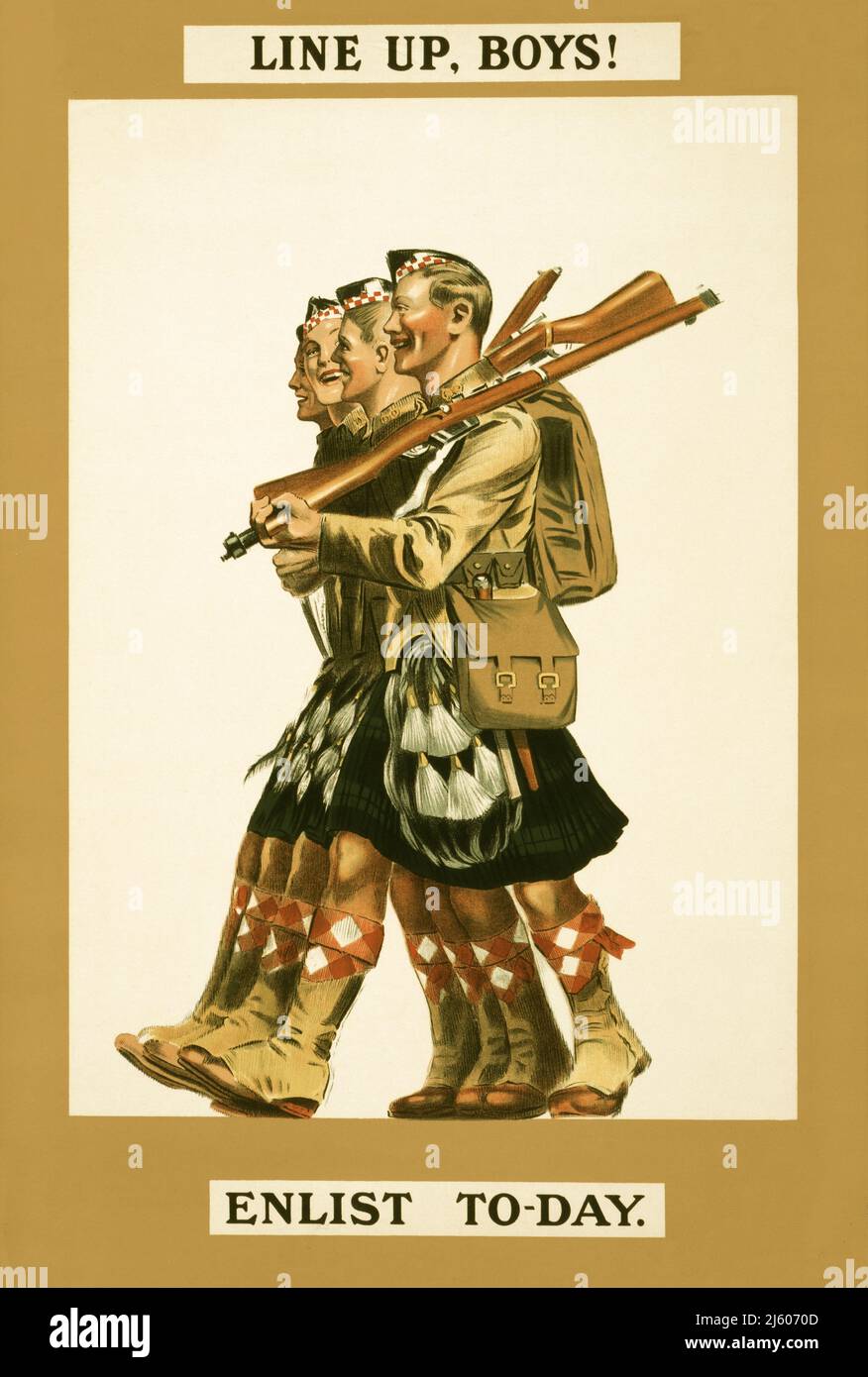 A British advertising recruitment poster from 1915 showing four men in kilts and uniforms, shouldering rifles. Artist Unknown. Stock Photo