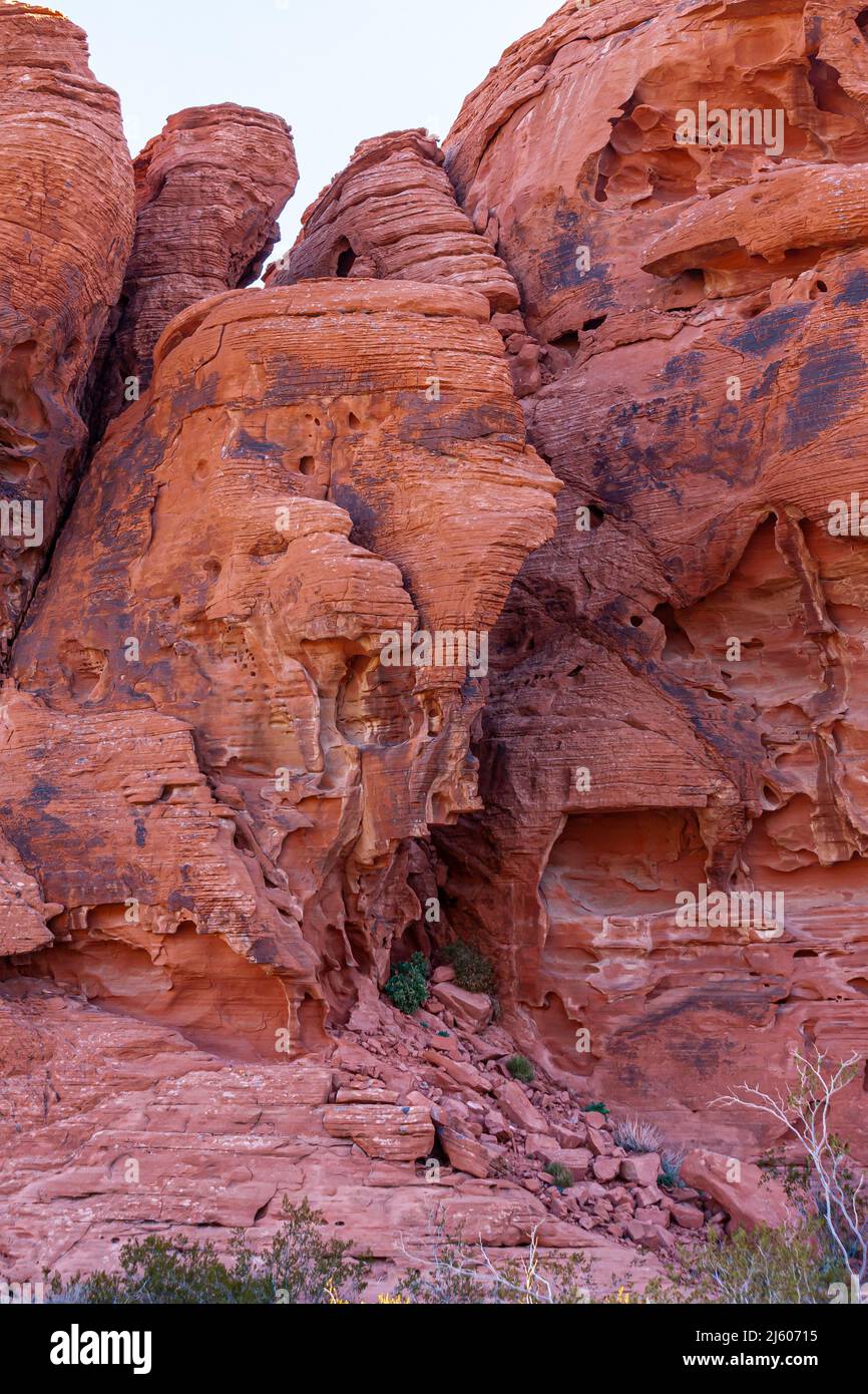 Overton, Nevada, USA February 24, 2010 Valley of Fire. Closeup of cylindrical red rocks